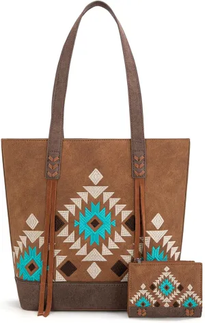Montana West Aztec Tote Bag for Women Embroidered Western Purse with Wallet Set