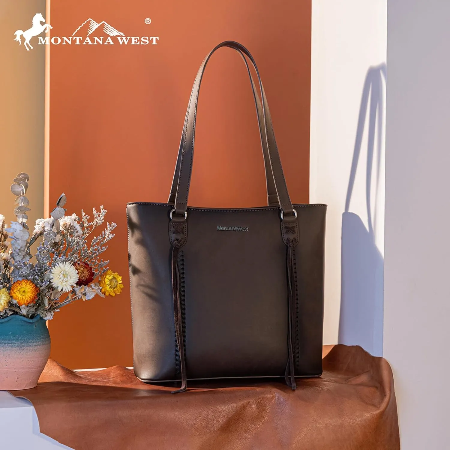 Montana West Western Two-Tone Large Tote Bag for Women Vintage Top Handle Ladies Shoulder Bags