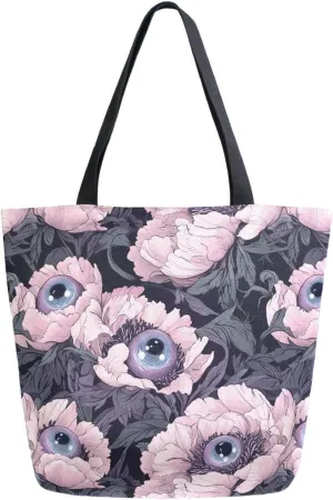 Moody Flowers Eyeball Peony Floral Canvas Tote Bag for Women with Zipper Pocket Reusable Grocery Shopping Bags Large Travel Shoulder Bag Handbag Bags