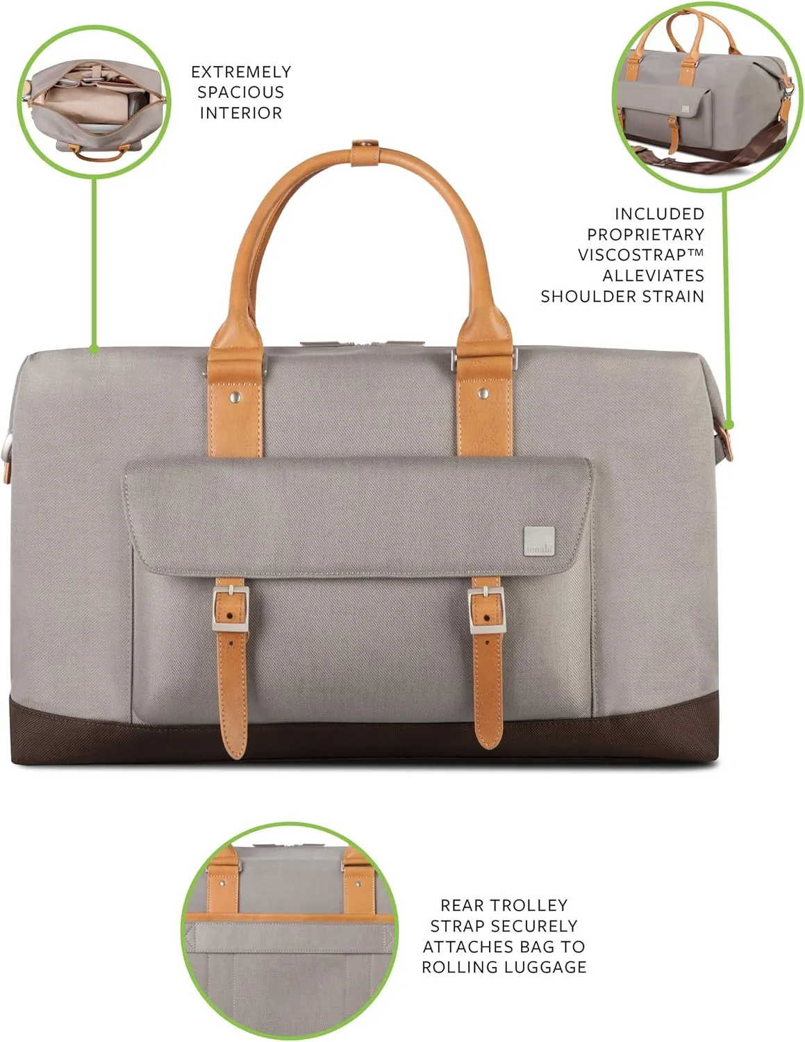 Moshi Vacanza Weekend Travel Bag, Duffle Canvas Luggage, Weather-Resistant Handbag- Gray