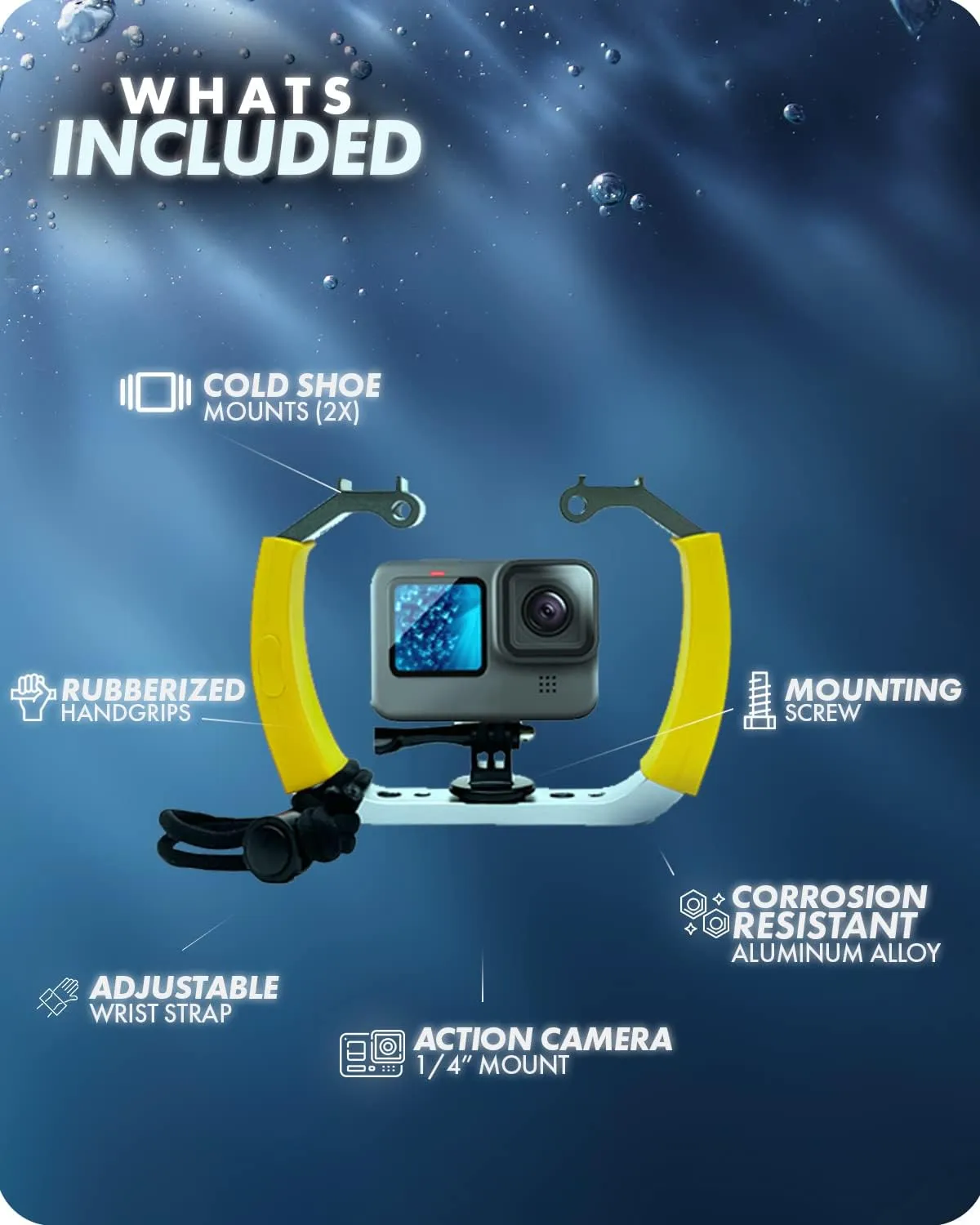 Movo GB-U70Y Underwater Diving Rig for GoPro Hero with Cold Shoe Mounts, Wrist Strap - Works with HERO3, HERO4, HERO5, HERO6, HERO7, HERO8, and Osmo Action Cam - Scuba GoPro Accessory (Yellow)