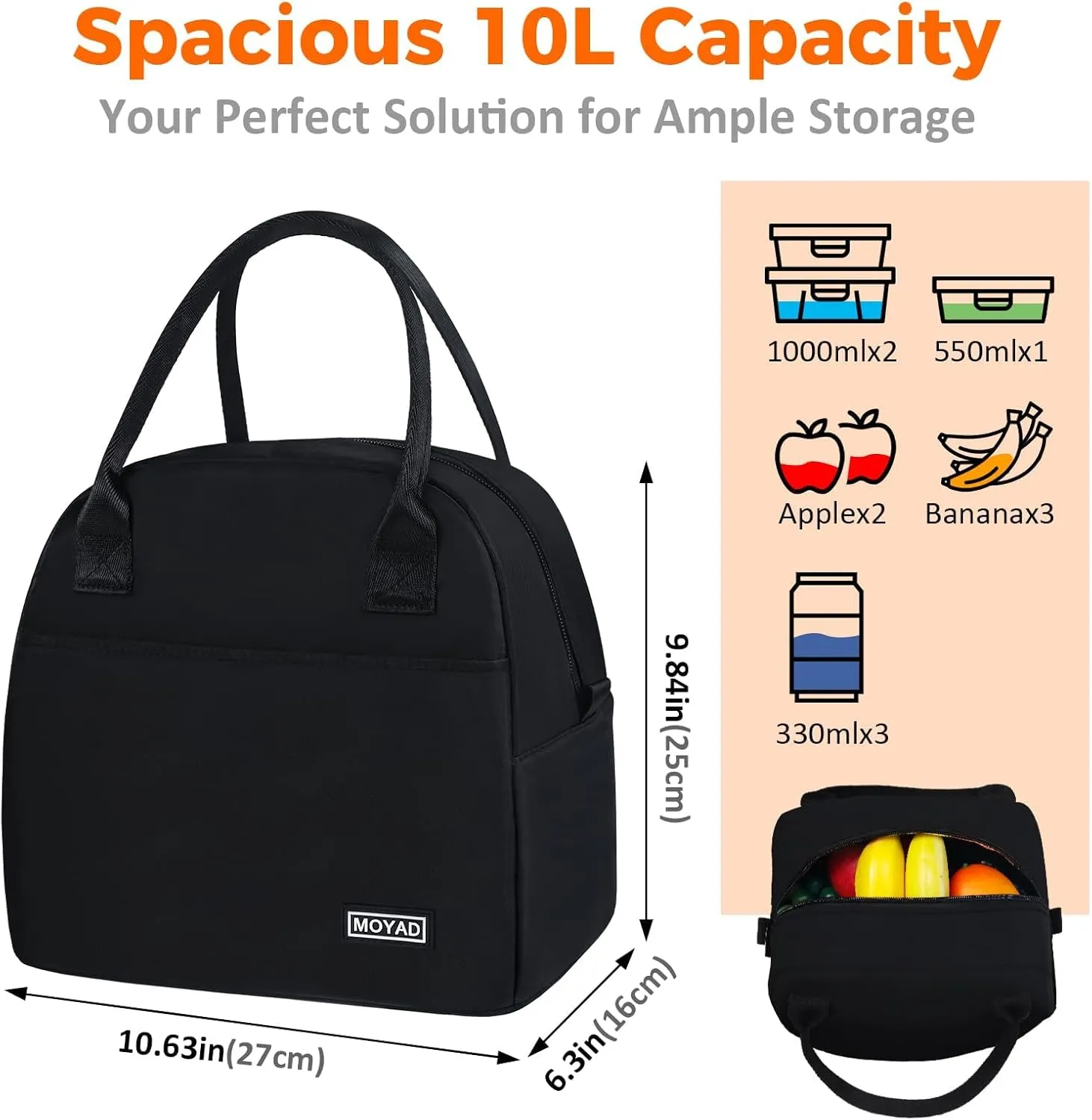 Moyad Insulated Lunch Bag for Women & Men – Reusable Cooler Lunch Box for Work, Travel, Picnic & Outdoor Activities, Midnight Black