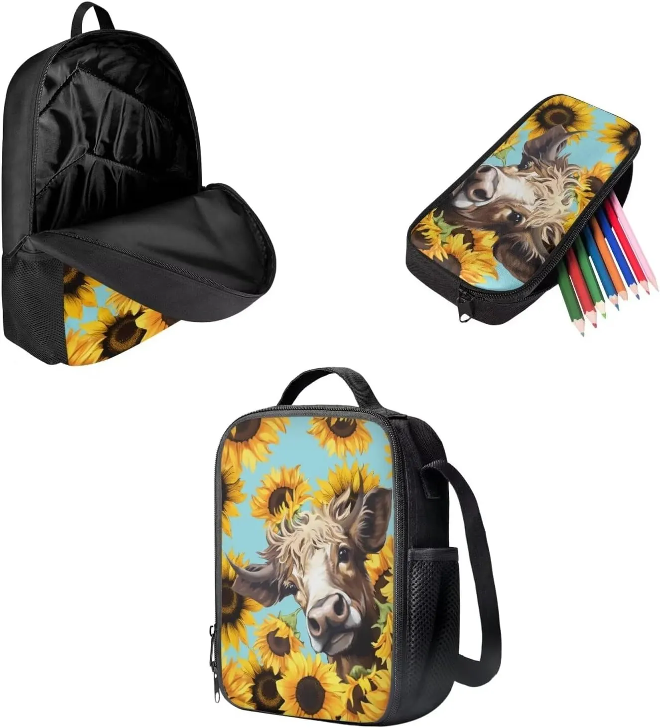 Mumeson 3D Cow Sunflower Kids Backpack Big Capacity Bookbag Rucksack Schoolbags for Teen Boys Kids Back to School Book Bags Set Insulated Thermal Lunch Box and Portable Pencase
