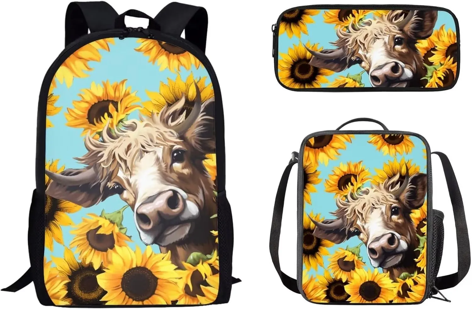 Mumeson 3D Cow Sunflower Kids Backpack Big Capacity Bookbag Rucksack Schoolbags for Teen Boys Kids Back to School Book Bags Set Insulated Thermal Lunch Box and Portable Pencase