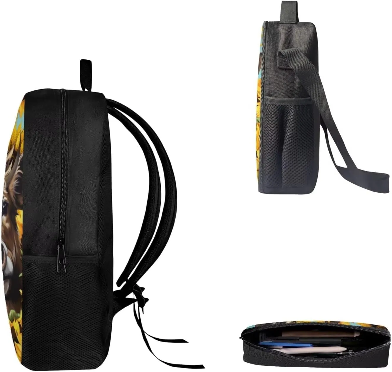 Mumeson 3D Cow Sunflower Kids Backpack Big Capacity Bookbag Rucksack Schoolbags for Teen Boys Kids Back to School Book Bags Set Insulated Thermal Lunch Box and Portable Pencase