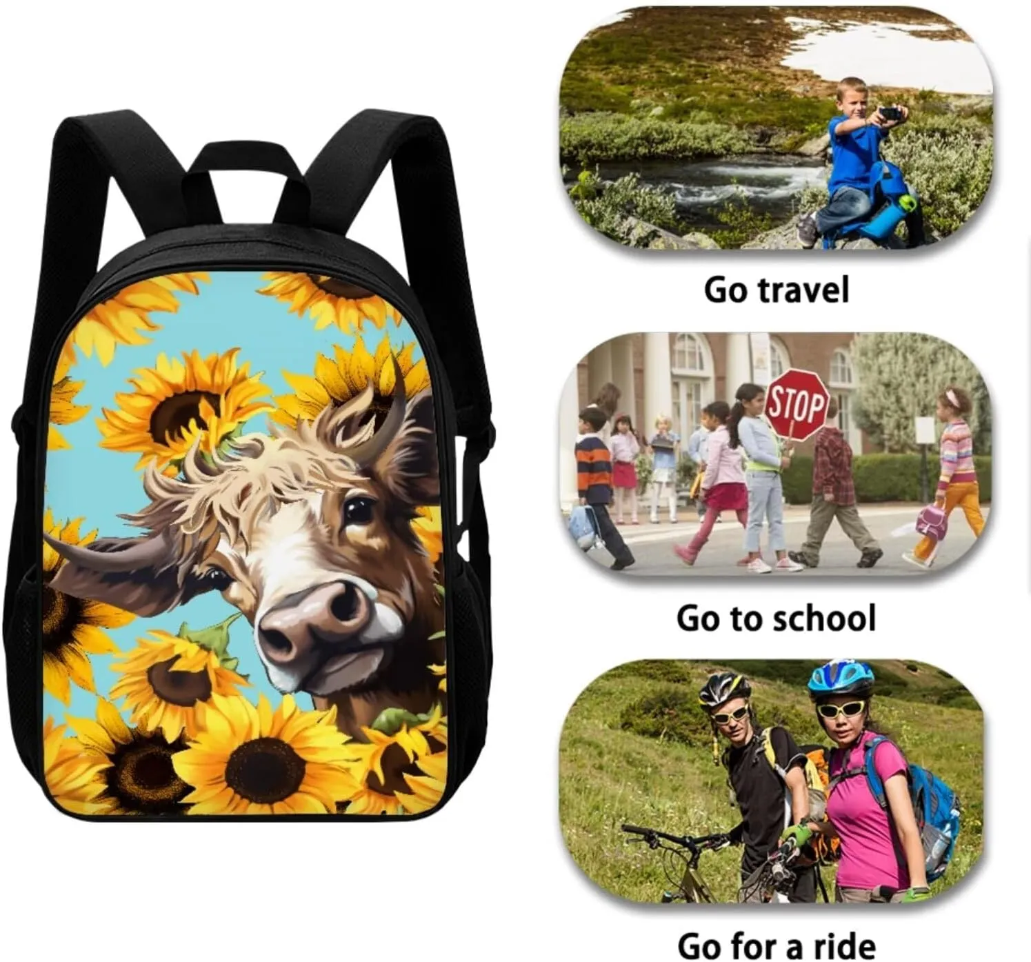 Mumeson 3D Cow Sunflower Kids Backpack Big Capacity Bookbag Rucksack Schoolbags for Teen Boys Kids Back to School Book Bags Set Insulated Thermal Lunch Box and Portable Pencase