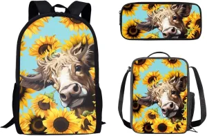 Mumeson 3D Cow Sunflower Kids Backpack Big Capacity Bookbag Rucksack Schoolbags for Teen Boys Kids Back to School Book Bags Set Insulated Thermal Lunch Box and Portable Pencase