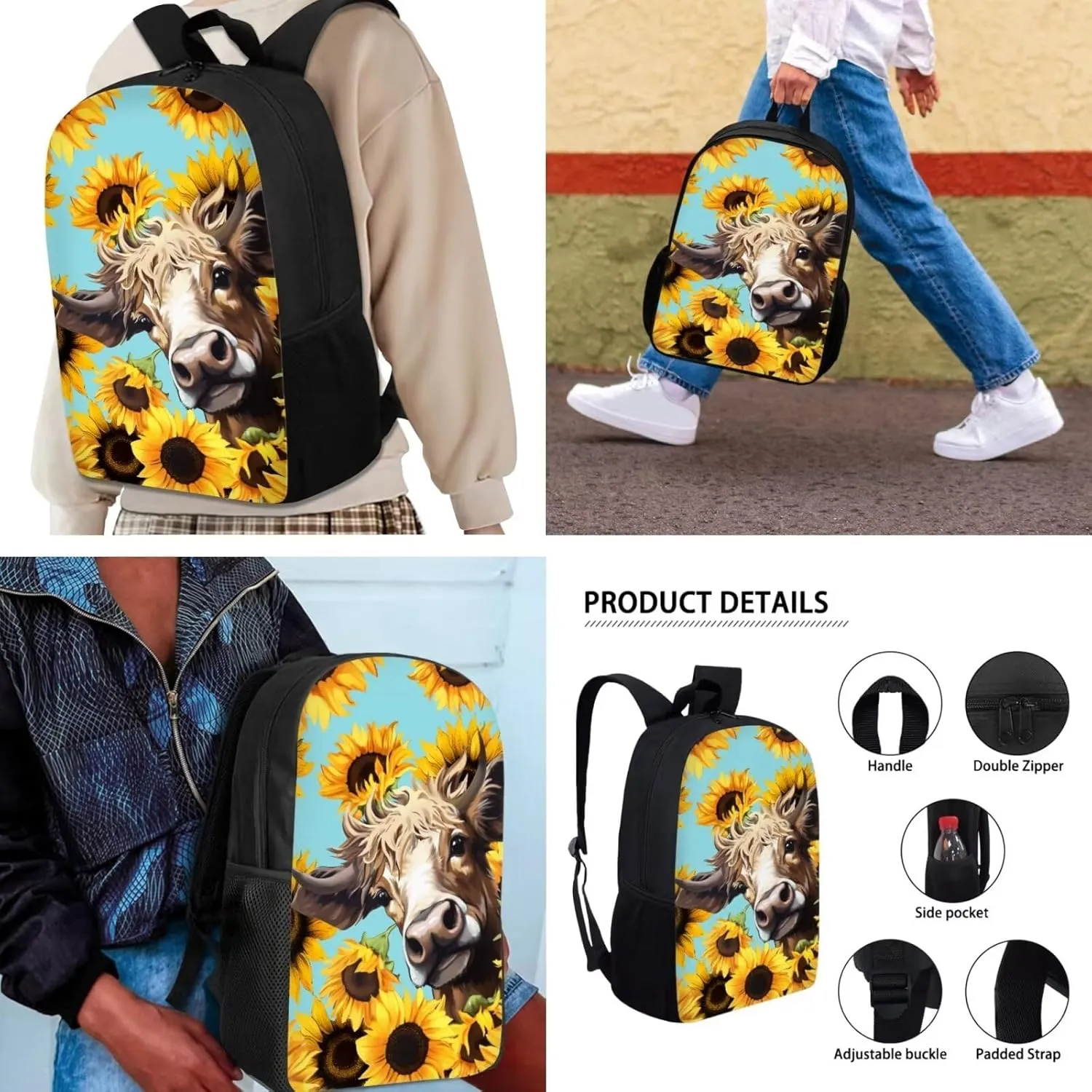 Mumeson 3D Cow Sunflower Kids Backpack Big Capacity Bookbag Rucksack Schoolbags for Teen Boys Kids Back to School Book Bags Set Insulated Thermal Lunch Box and Portable Pencase