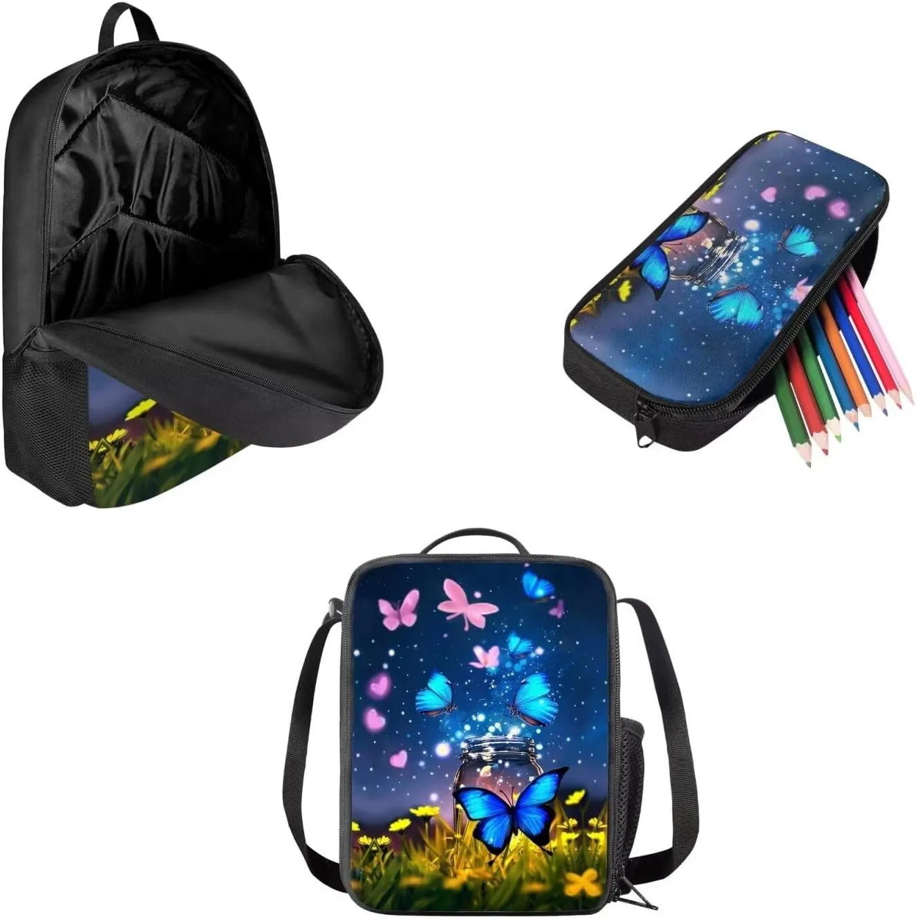 Mumeson Blue Purple Butterfly Backpack Daypack for Girls Boys Backpack with Insulated Lunch Bag Thermal Heat,Lightweight Portable Pencil Case Pen Bag Set