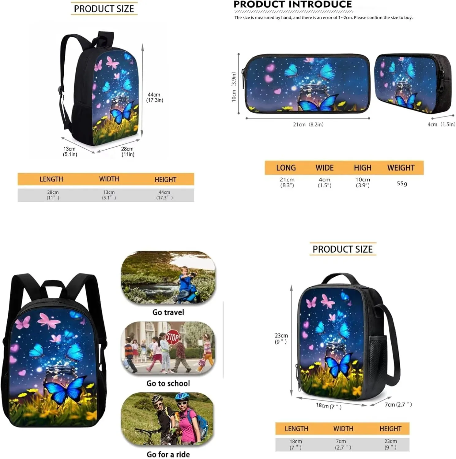 Mumeson Blue Purple Butterfly Backpack Daypack for Girls Boys Backpack with Insulated Lunch Bag Thermal Heat,Lightweight Portable Pencil Case Pen Bag Set