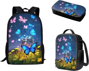 Mumeson Blue Purple Butterfly Backpack Daypack for Girls Boys Backpack with Insulated Lunch Bag Thermal Heat,Lightweight Portable Pencil Case Pen Bag Set