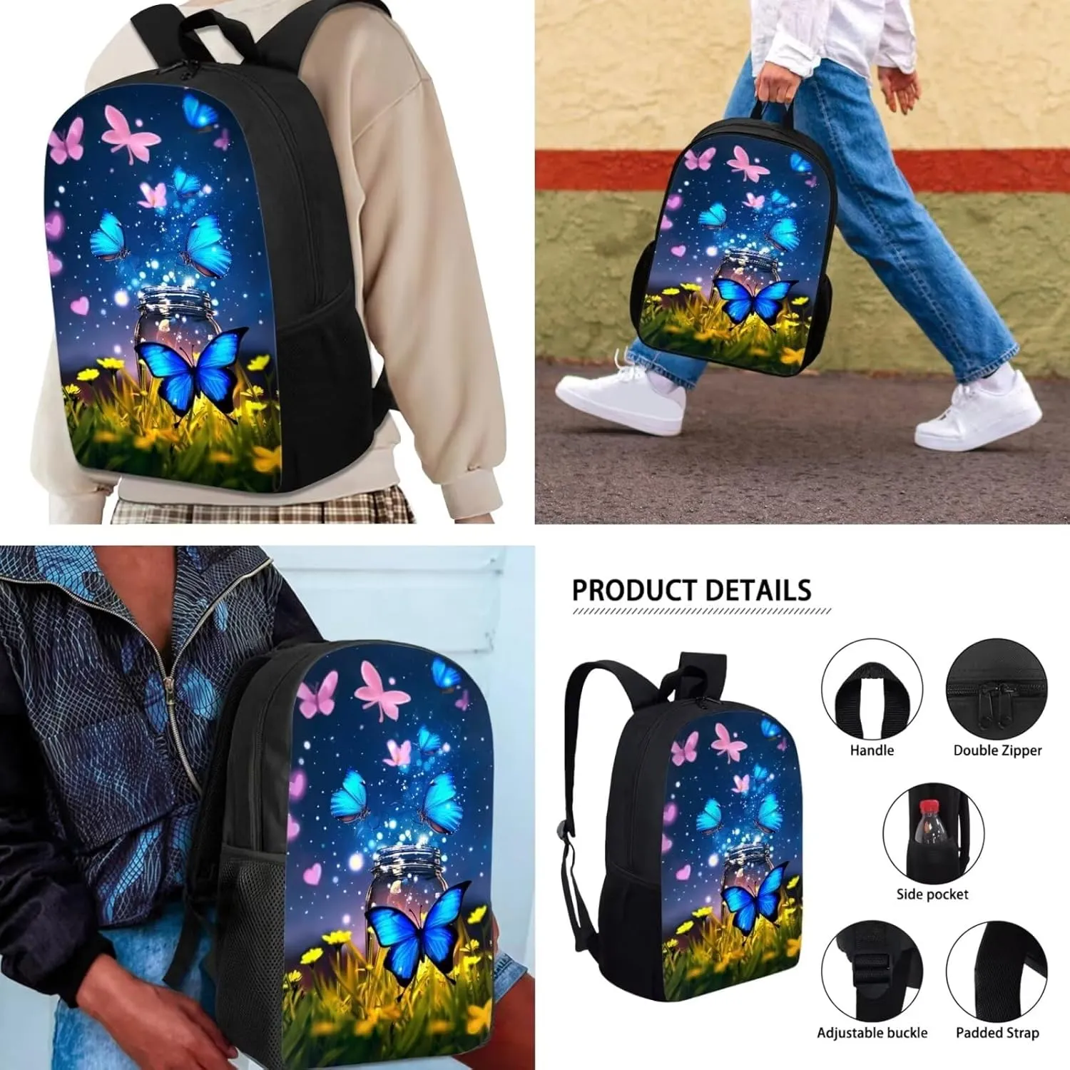 Mumeson Blue Purple Butterfly Backpack Daypack for Girls Boys Backpack with Insulated Lunch Bag Thermal Heat,Lightweight Portable Pencil Case Pen Bag Set