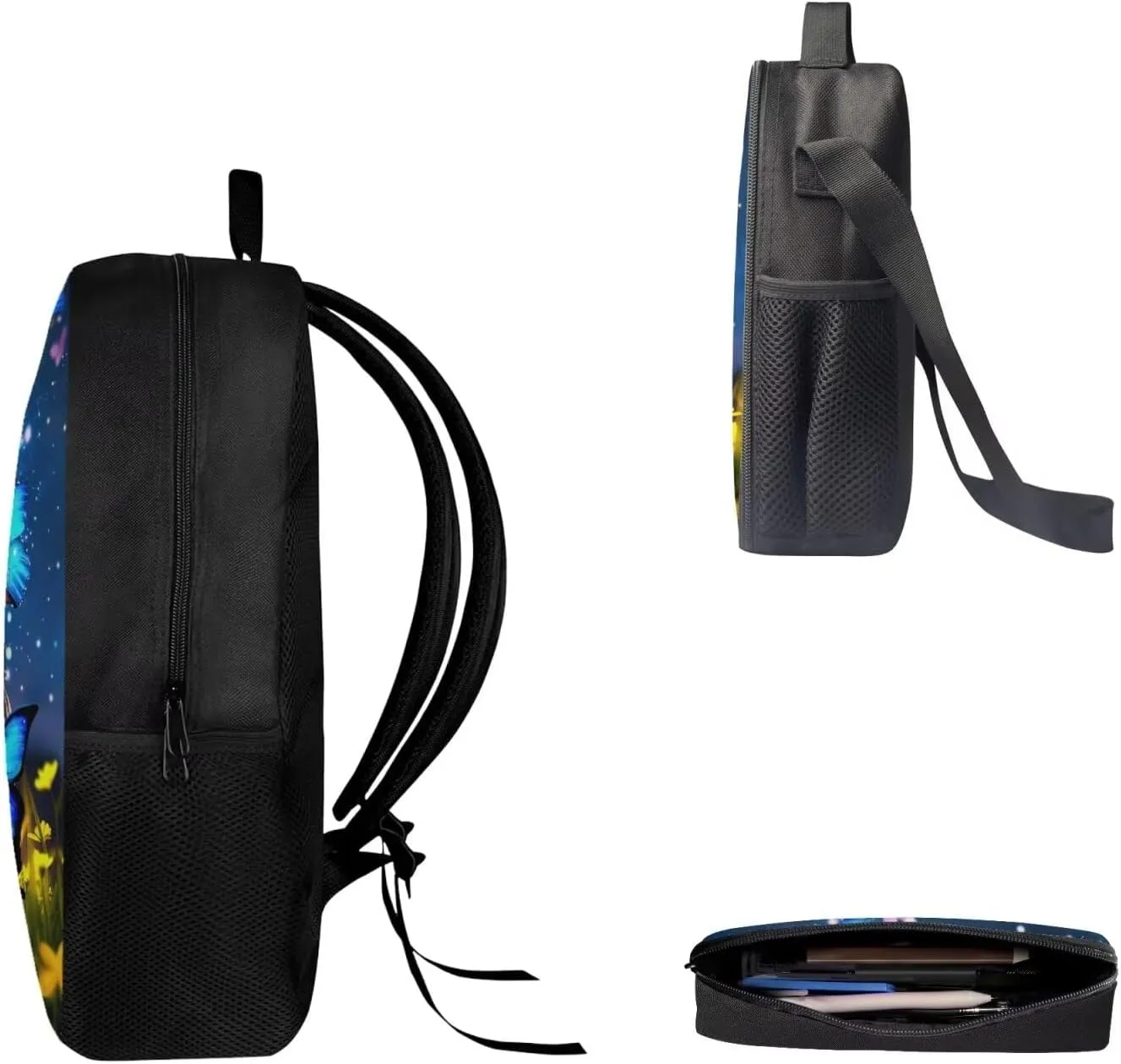 Mumeson Blue Purple Butterfly Backpack Daypack for Girls Boys Backpack with Insulated Lunch Bag Thermal Heat,Lightweight Portable Pencil Case Pen Bag Set