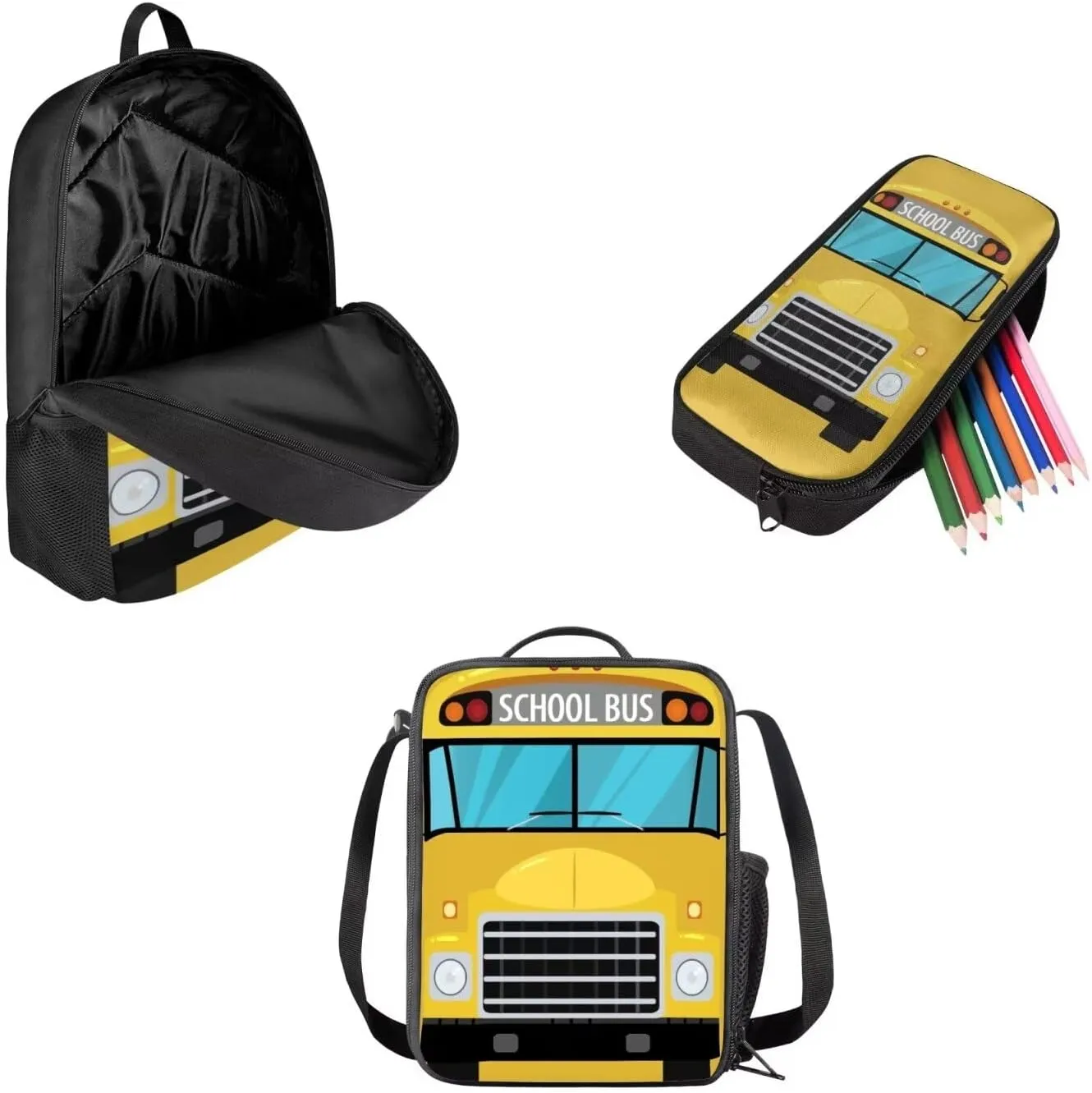 Mumeson Bus Kids Backpack Big Capacity Bookbag Rucksack Schoolbags for Teen Boys Kids Back to School Book Bags Set Insulated Thermal Lunch Box and Portable Pencase
