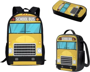 Mumeson Bus Kids Backpack Big Capacity Bookbag Rucksack Schoolbags for Teen Boys Kids Back to School Book Bags Set Insulated Thermal Lunch Box and Portable Pencase