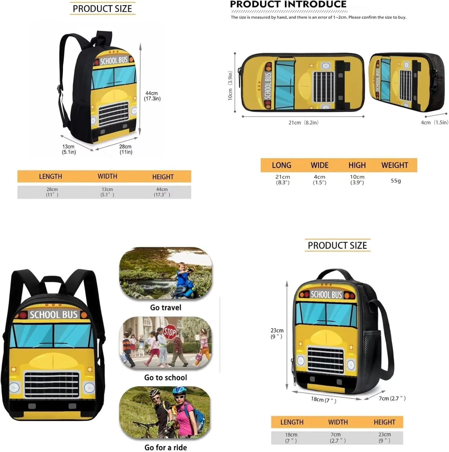 Mumeson Bus Kids Backpack Big Capacity Bookbag Rucksack Schoolbags for Teen Boys Kids Back to School Book Bags Set Insulated Thermal Lunch Box and Portable Pencase