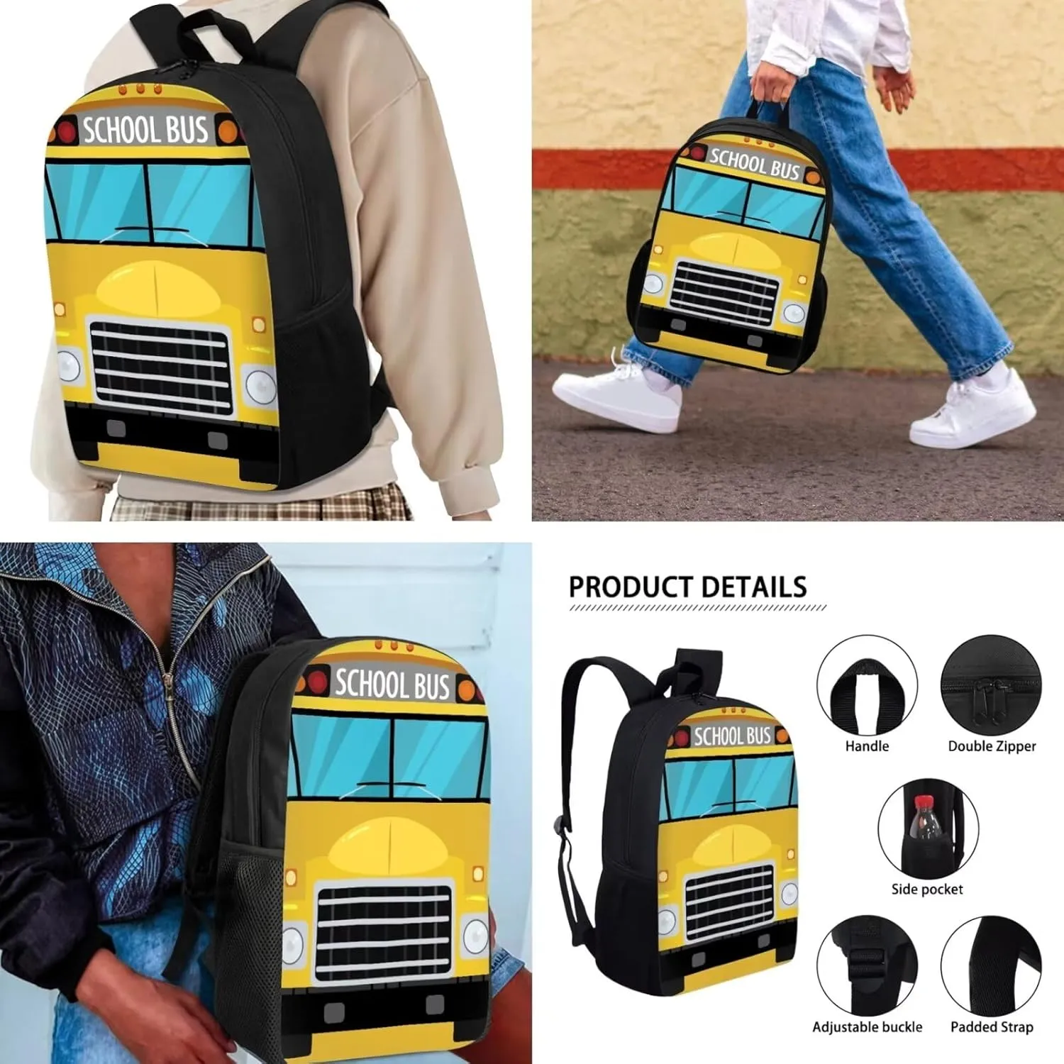 Mumeson Bus Kids Backpack Big Capacity Bookbag Rucksack Schoolbags for Teen Boys Kids Back to School Book Bags Set Insulated Thermal Lunch Box and Portable Pencase