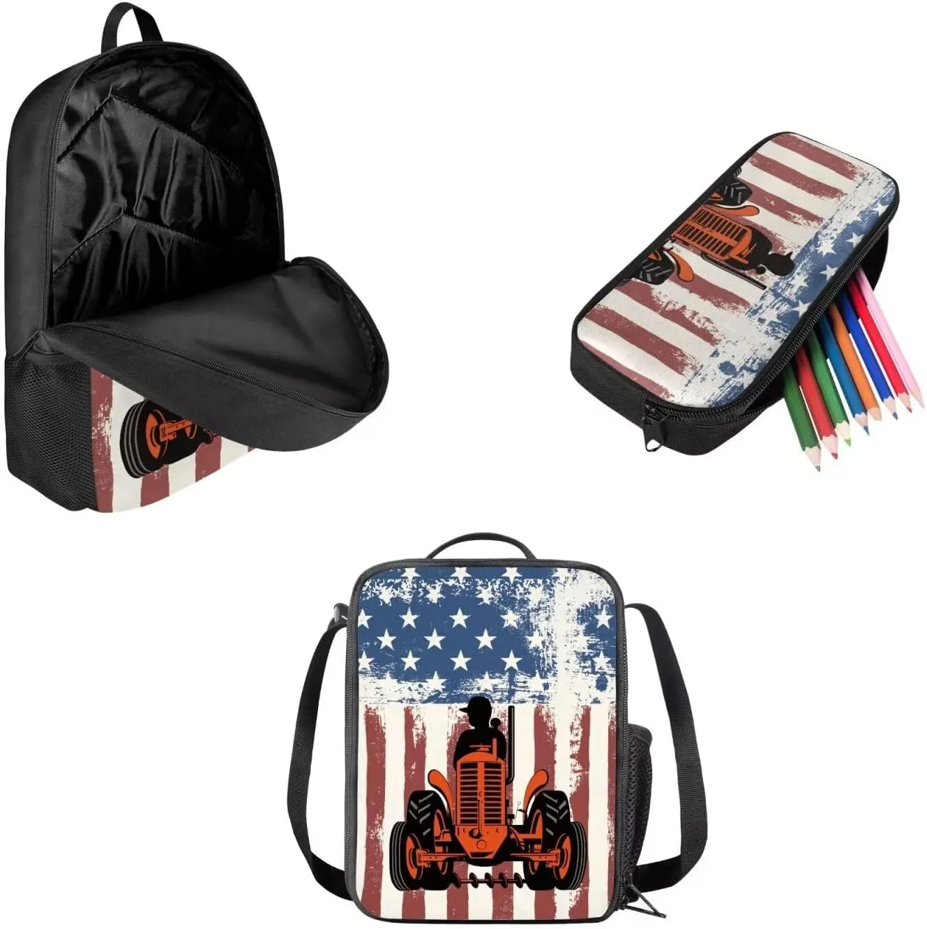 Mumeson Car Flag School Bag Kids Backpack 3 Pack Set Elementary School Bag with Thermal Insulated Lunch Bag Pencil Bag Pencase Set