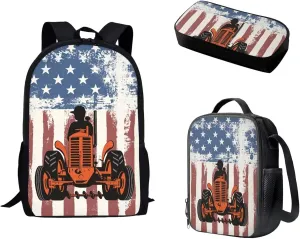 Mumeson Car Flag School Bag Kids Backpack 3 Pack Set Elementary School Bag with Thermal Insulated Lunch Bag Pencil Bag Pencase Set