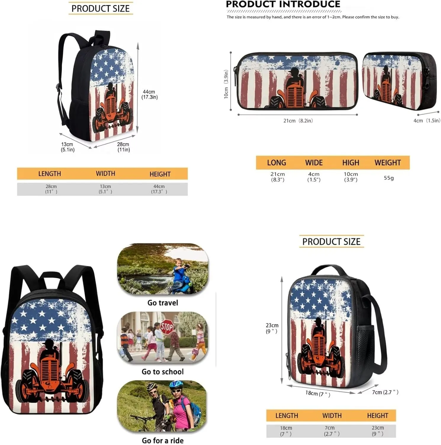 Mumeson Car Flag School Bag Kids Backpack 3 Pack Set Elementary School Bag with Thermal Insulated Lunch Bag Pencil Bag Pencase Set