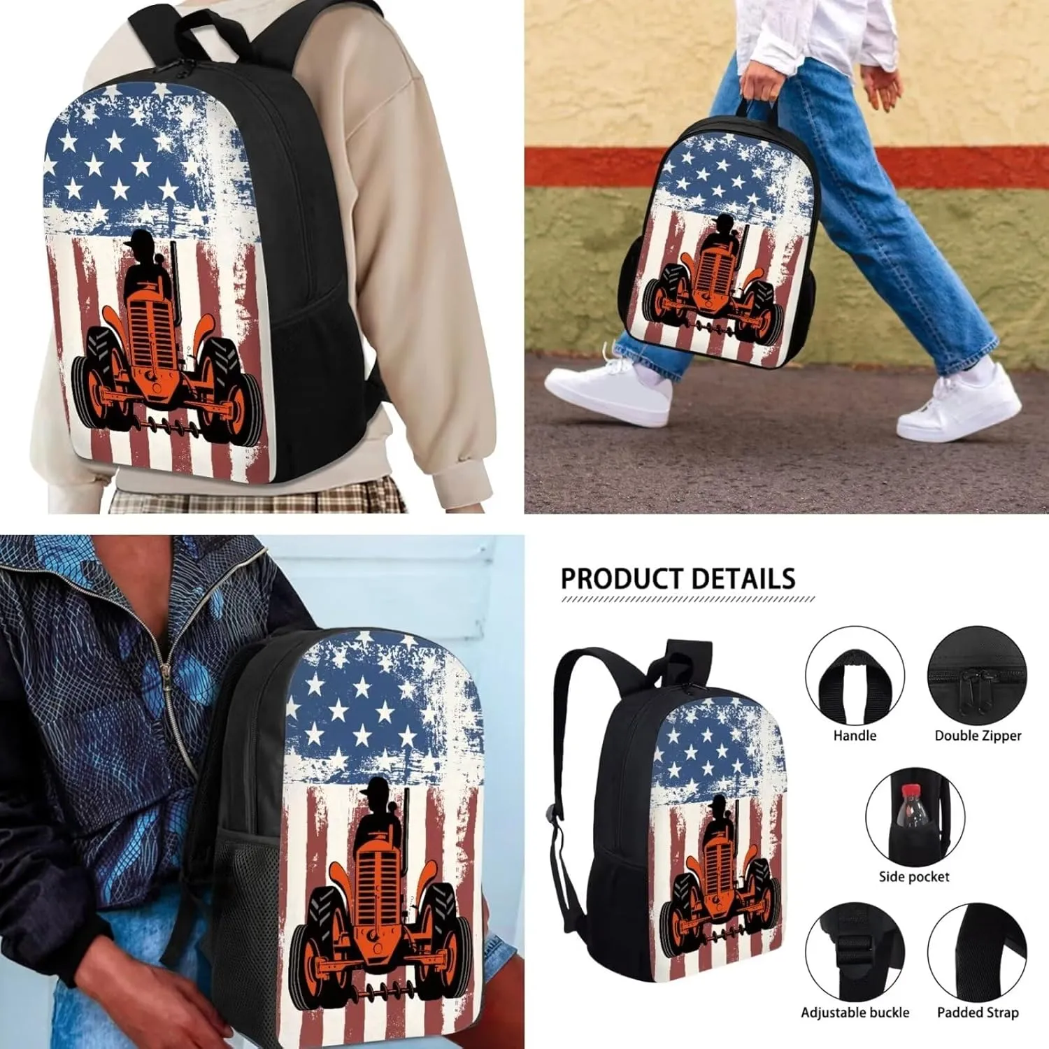 Mumeson Car Flag School Bag Kids Backpack 3 Pack Set Elementary School Bag with Thermal Insulated Lunch Bag Pencil Bag Pencase Set