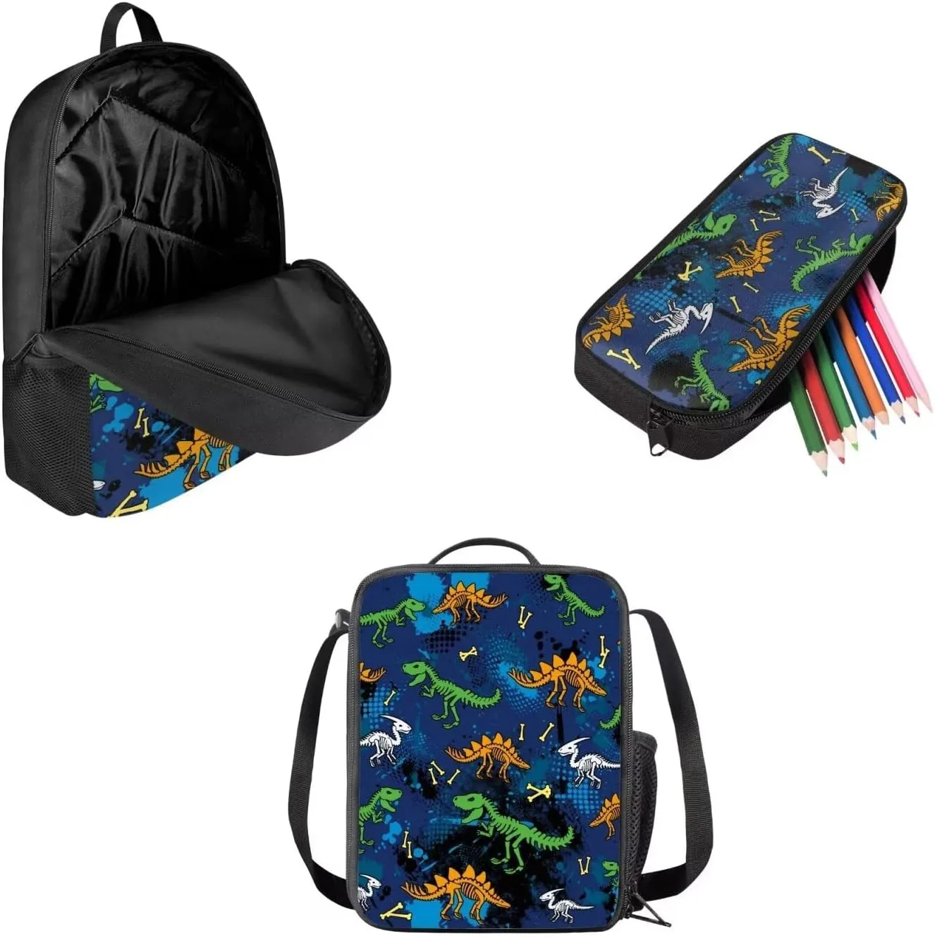 Mumeson Cartoon Dinosaur Kids Backpack Schoolbag Set School Bag Large Capacity Organizer Book Bags with Insulated Thermal Lunch Bag Small Pencase