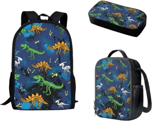 Mumeson Cartoon Dinosaur Kids Backpack Schoolbag Set School Bag Large Capacity Organizer Book Bags with Insulated Thermal Lunch Bag Small Pencase