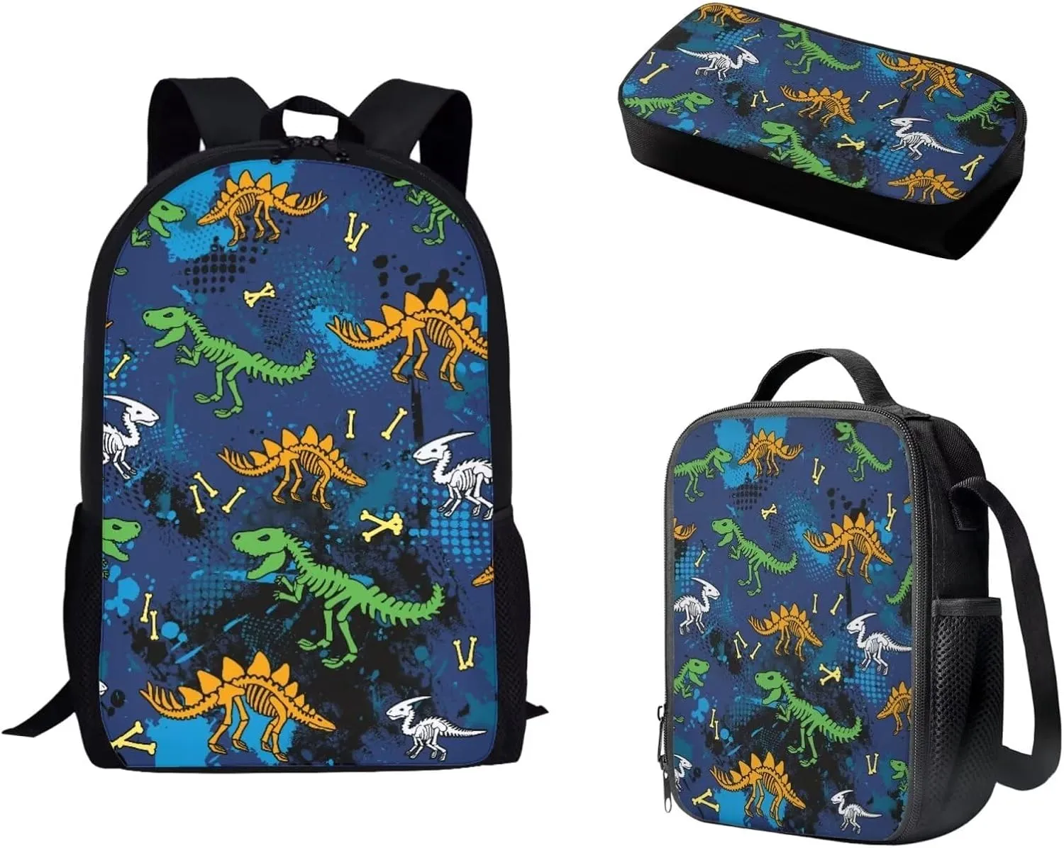 Mumeson Cartoon Dinosaur Kids Backpack Schoolbag Set School Bag Large Capacity Organizer Book Bags with Insulated Thermal Lunch Bag Small Pencase