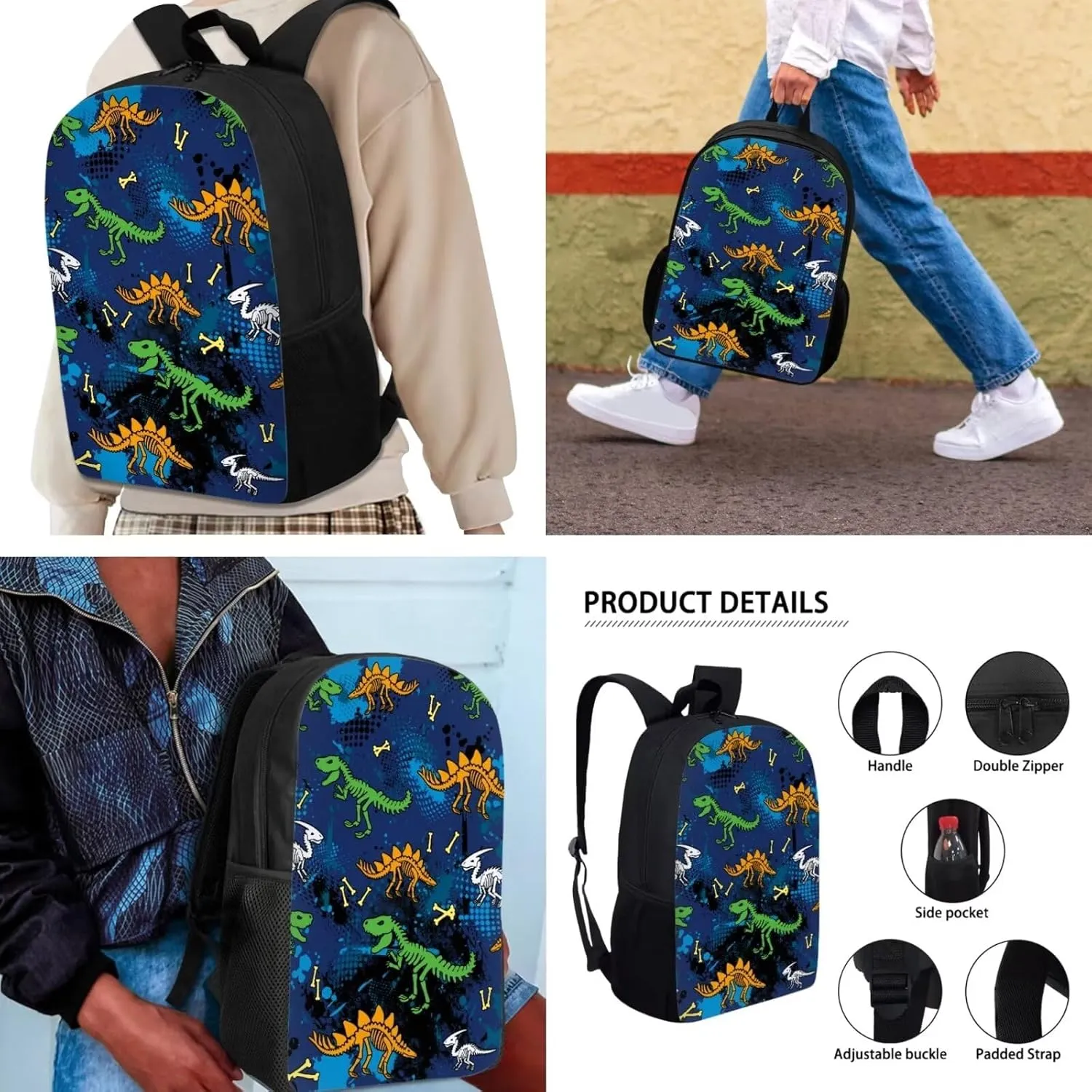Mumeson Cartoon Dinosaur Kids Backpack Schoolbag Set School Bag Large Capacity Organizer Book Bags with Insulated Thermal Lunch Bag Small Pencase
