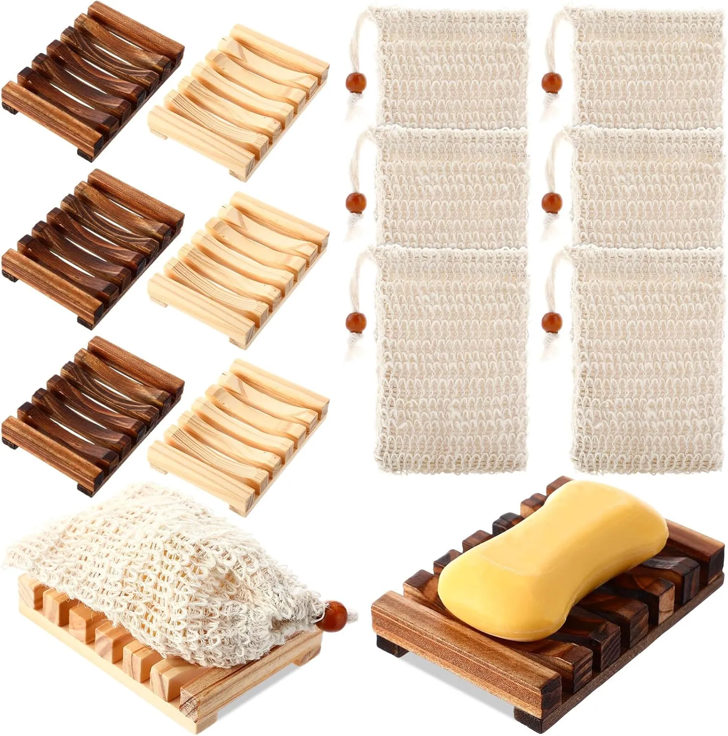 Mumufy 12 Pcs Wood Soap Dish and Exfoliating Bag Set 4.5 x 3.35 x 0.87 inches Self Draining Soap Saver Wood Tray for Bathroom Shower Travel(Mixed Color,Bamboo, Wooden)
