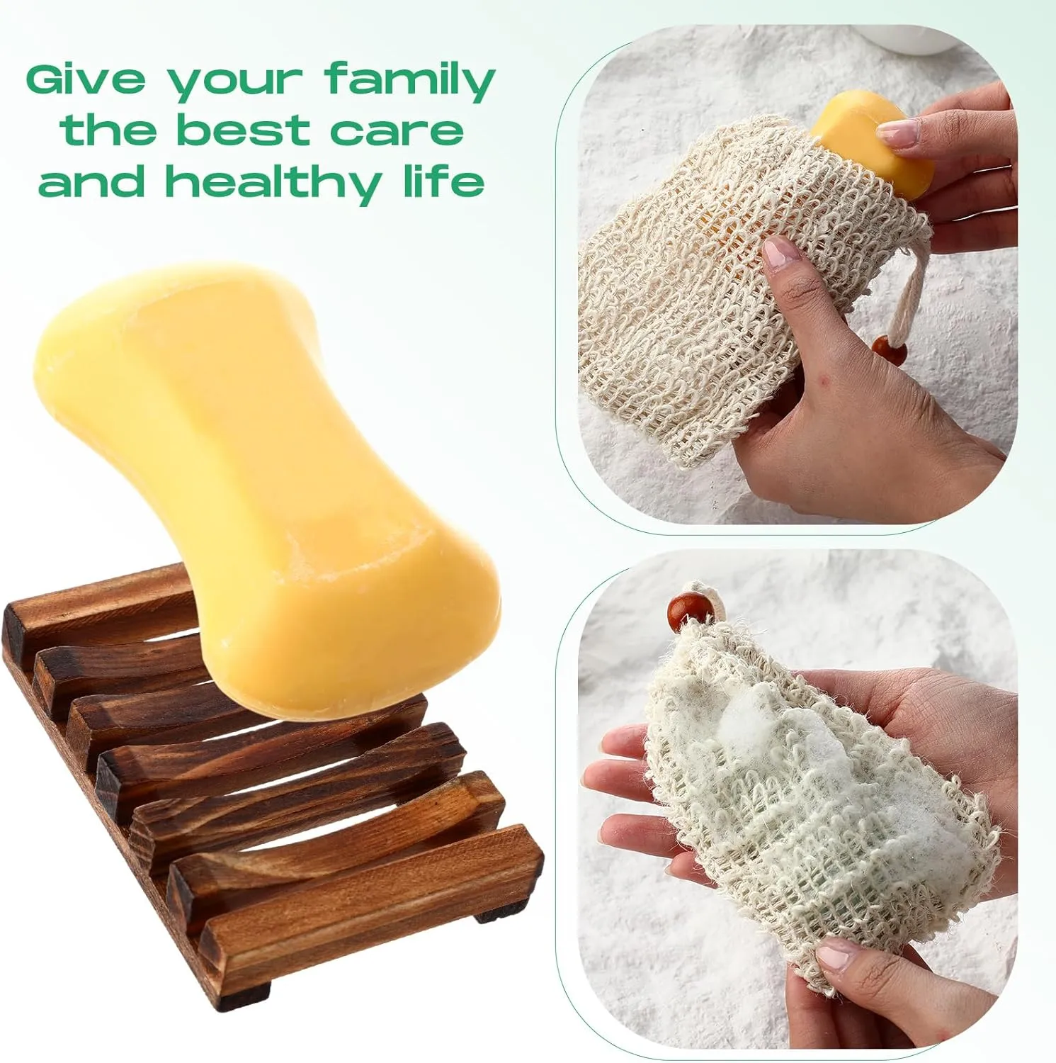 Mumufy 12 Pcs Wood Soap Dish and Exfoliating Bag Set 4.5 x 3.35 x 0.87 inches Self Draining Soap Saver Wood Tray for Bathroom Shower Travel(Mixed Color,Bamboo, Wooden)