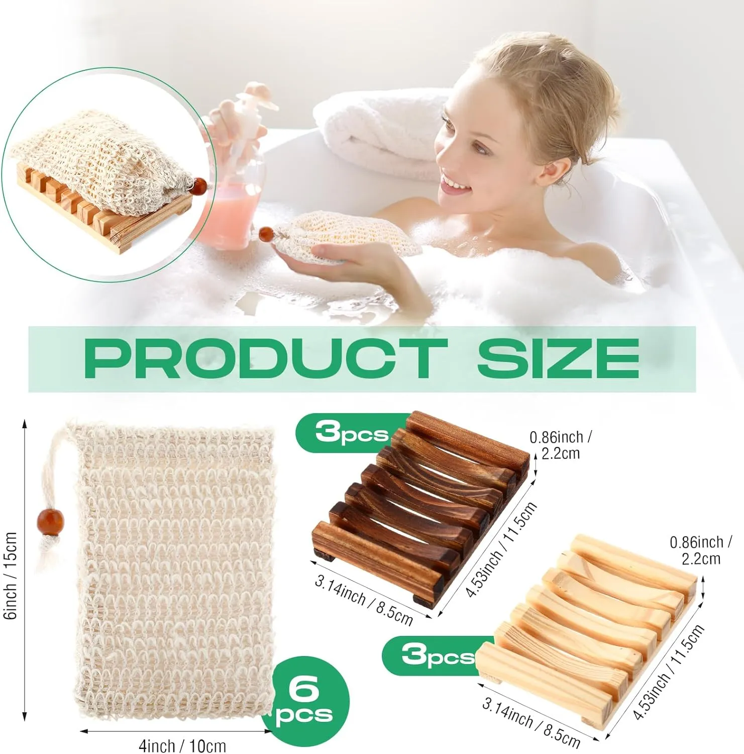 Mumufy 12 Pcs Wood Soap Dish and Exfoliating Bag Set 4.5 x 3.35 x 0.87 inches Self Draining Soap Saver Wood Tray for Bathroom Shower Travel(Mixed Color,Bamboo, Wooden)
