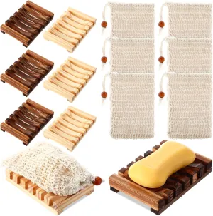 Mumufy 12 Pcs Wood Soap Dish and Exfoliating Bag Set 4.5 x 3.35 x 0.87 inches Self Draining Soap Saver Wood Tray for Bathroom Shower Travel(Mixed Color,Bamboo, Wooden)