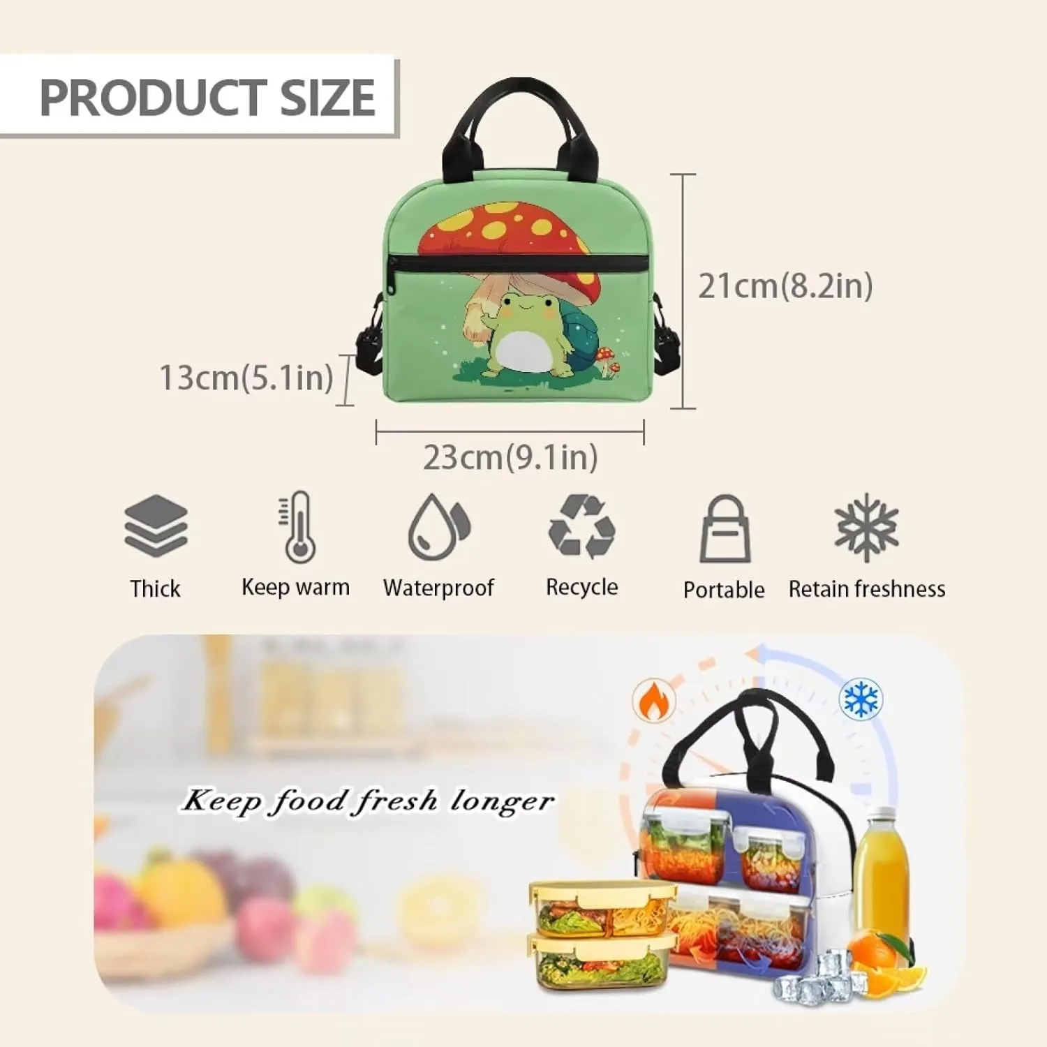 Mushroom Frog Lunch Bag Insulated Lunch Box Reusable Lunch Tote Handbag Picnic Organziezr Thermal Cooler Sack Storage Pouch for Adults Kids School Office Picnic Camping