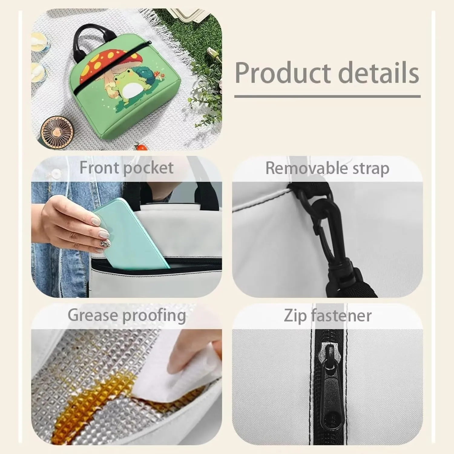 Mushroom Frog Lunch Bag Insulated Lunch Box Reusable Lunch Tote Handbag Picnic Organziezr Thermal Cooler Sack Storage Pouch for Adults Kids School Office Picnic Camping