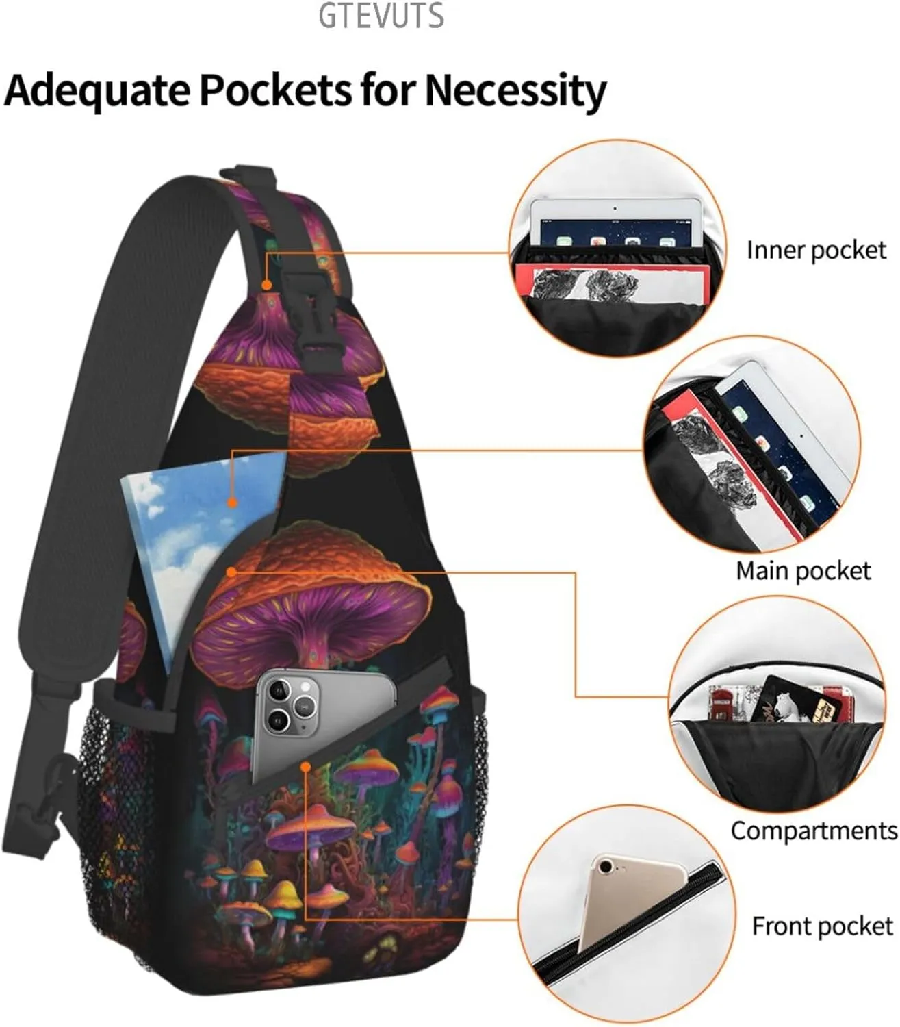 Mushroom Sling Backpack Chest Bag Crossbody Shoulder Bag Gym Cycling Travel Hiking Daypack For Men Women