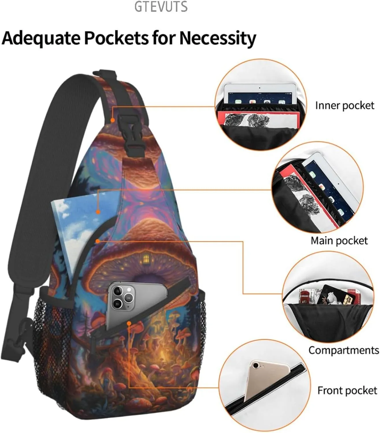 Mushroom Sling Backpack Chest Bag Crossbody Shoulder Bag Gym Cycling Travel Hiking Daypack For Men Women