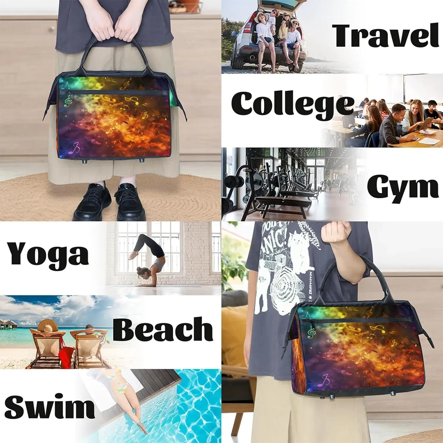 Music Note Colorful Art Large Travel Duffel Bag Gym Tote Bag for Women Men Waterproof Weekend Overnight Bag Carry On Tote Luggage with Pocket Personal Item Bags Sports Bag fit Travel Sports Gym Yoga