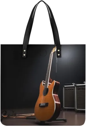 Musical Instrument Guitar Handbag Leather Tote Shoulder Bag Satchel Handbag with Top Handles Large Casual Handbags with Shoulder Work Bag for Women Travel Purse Dating Gift