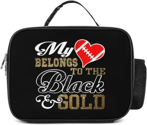 My Heart Belongs to Black Gold Insulated Lunch Bag Reusable Lunch Box Polyester Thermal Meal Pack with Detachable Handle