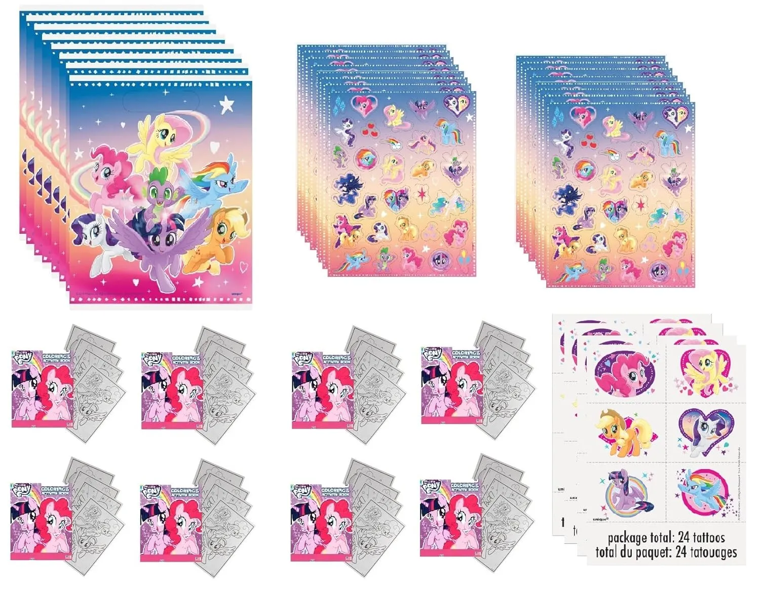 My Little Pony Birthday Party Supplies Favor Bundle Set includes 8 Loot Bags, 8 Sticker Sheets, 8 Small Activity Pads, 24 Tattoos (Total 28 Pieces)
