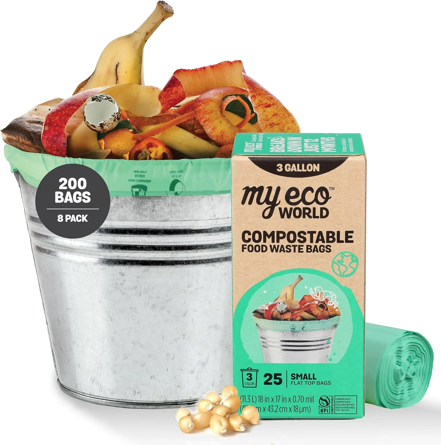 MyEcoWorld® Compostable Kitchen Waste Bags - 200 Count - 100% Certified Compostable - 3 Gallon - Super Strong - Leak Proof - Unscented - Easy to Open