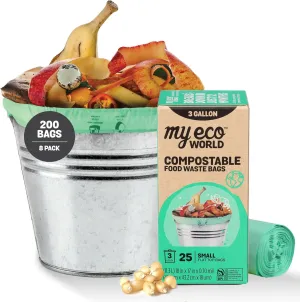 MyEcoWorld® Compostable Kitchen Waste Bags - 200 Count - 100% Certified Compostable - 3 Gallon - Super Strong - Leak Proof - Unscented - Easy to Open