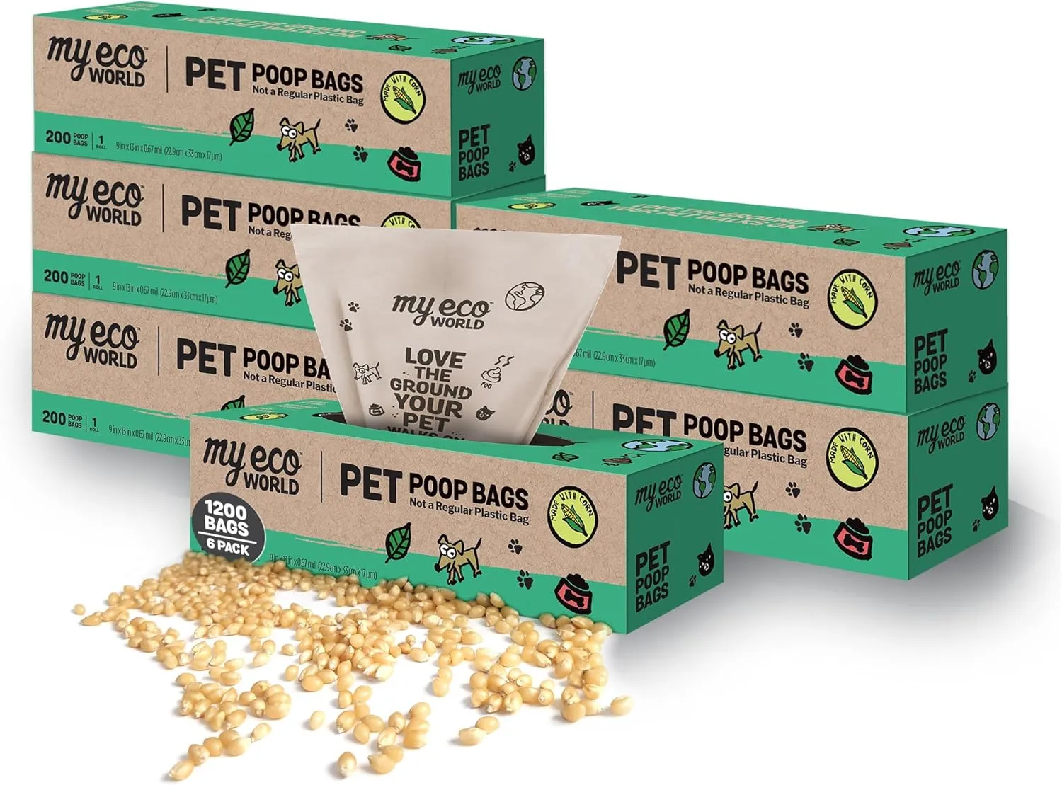 MyEcoWorld® Compostable Pet Poop Bags - Made with Corn and Other Certified Compostable Materials - 1200 Bags - 6 Roll - Extra Strong - Leak Proof - Unscented - Easy to Open