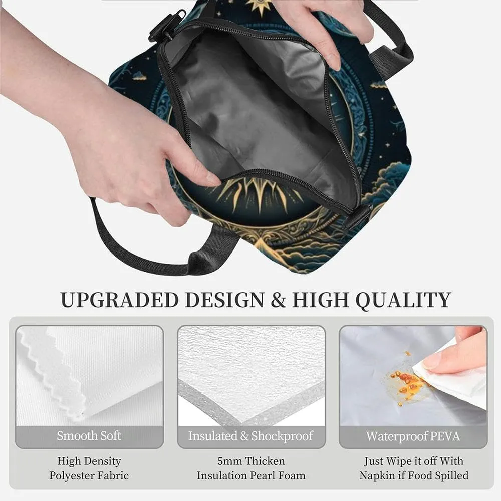 Mystical bohemian backdrop a sky a crescent moon a sky a sun a moon Insulated Adult Lunch Bag with Shoulder Strap for Women Lightweight Reusable Portable Freezable Lunch Tote Bag for Work Picnic