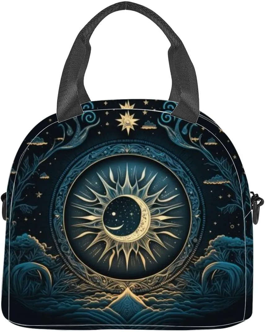 Mystical bohemian backdrop a sky a crescent moon a sky a sun a moon Insulated Adult Lunch Bag with Shoulder Strap for Women Lightweight Reusable Portable Freezable Lunch Tote Bag for Work Picnic
