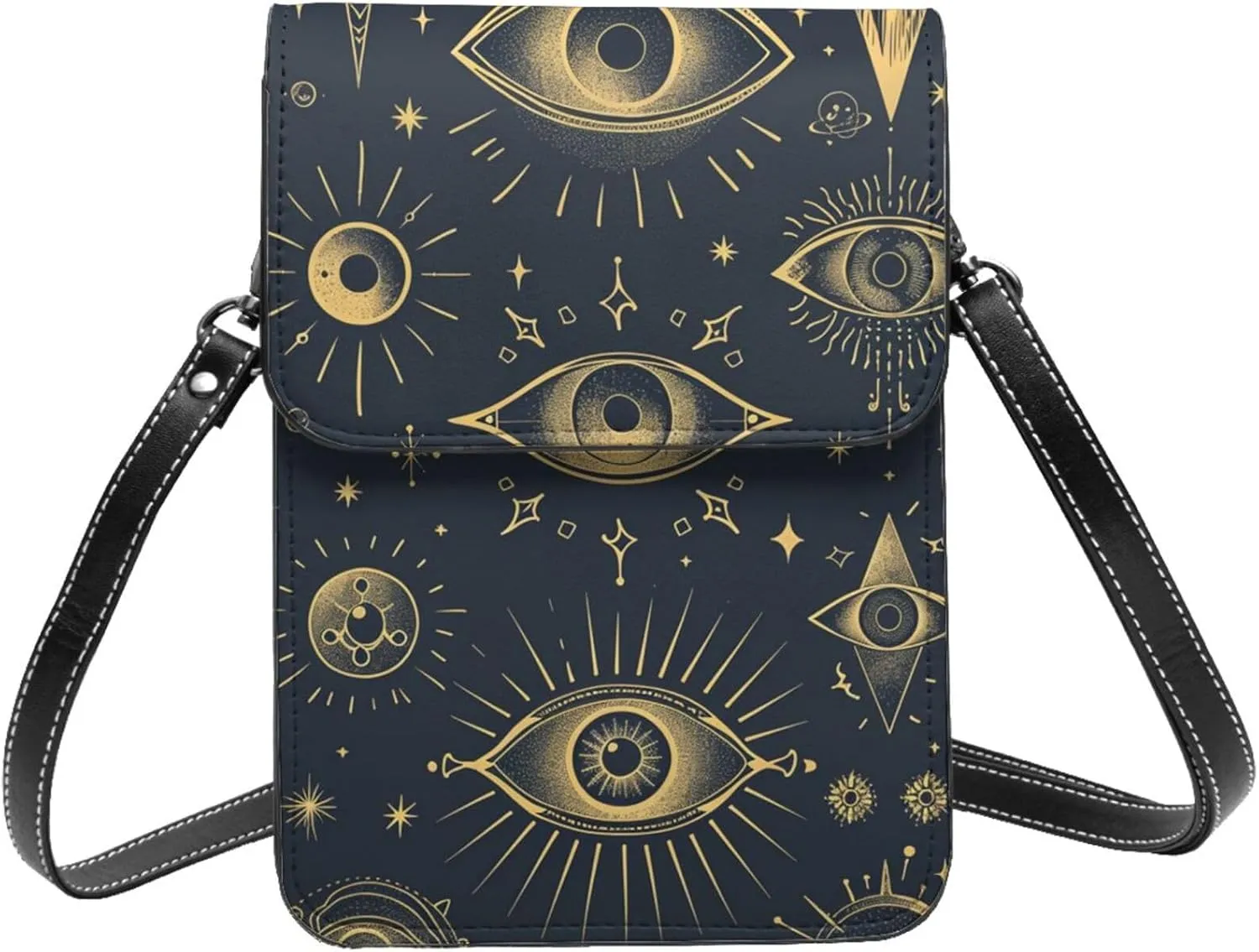 mystical eyes and celestial symbols cosmic vintage Leather Small Crossbody Bags for Women Cell Phone Bag Wallet Purses with Adjustable Strap