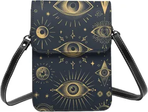 mystical eyes and celestial symbols cosmic vintage Leather Small Crossbody Bags for Women Cell Phone Bag Wallet Purses with Adjustable Strap