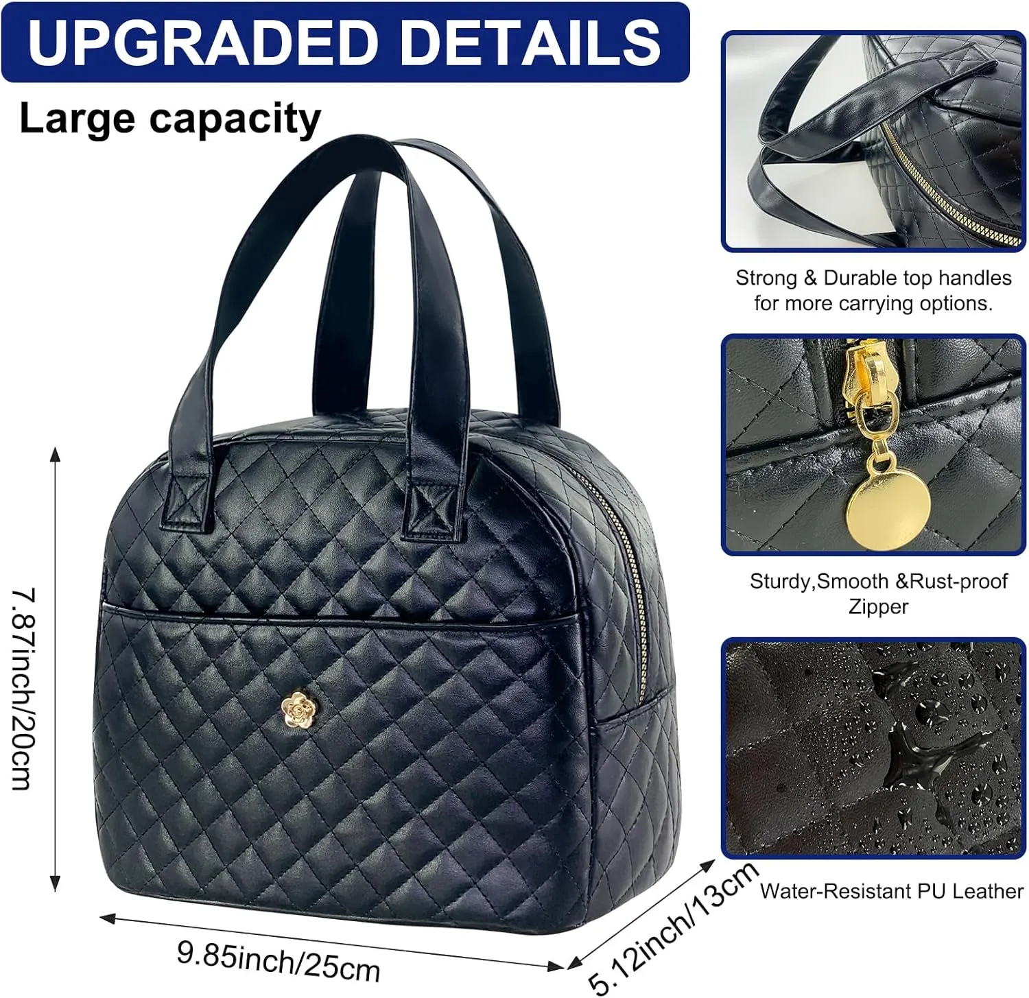 Mziart Insulated Lunch Bag for Women Men, PU Leather Lunch Tote Bag for Women Aesthetic Lunch Box Bag Thermal Bento Cooler Bag Sack Food Handbags for Work Office Picnic Travel (Black)