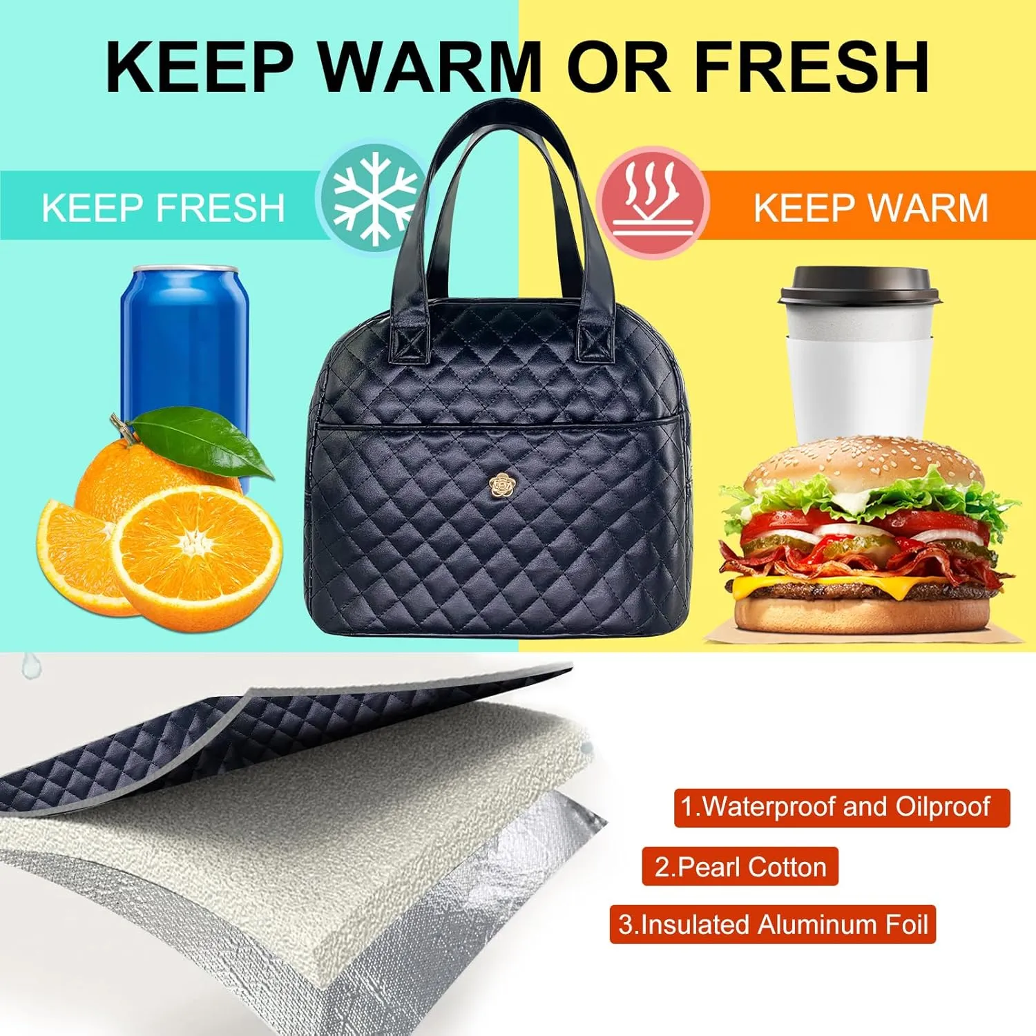 Mziart Insulated Lunch Bag for Women Men, PU Leather Lunch Tote Bag for Women Aesthetic Lunch Box Bag Thermal Bento Cooler Bag Sack Food Handbags for Work Office Picnic Travel (Black)